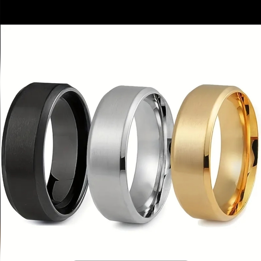 3 Set Rings Stainless Steel 8mm Black Silver  Gold engagement or casual